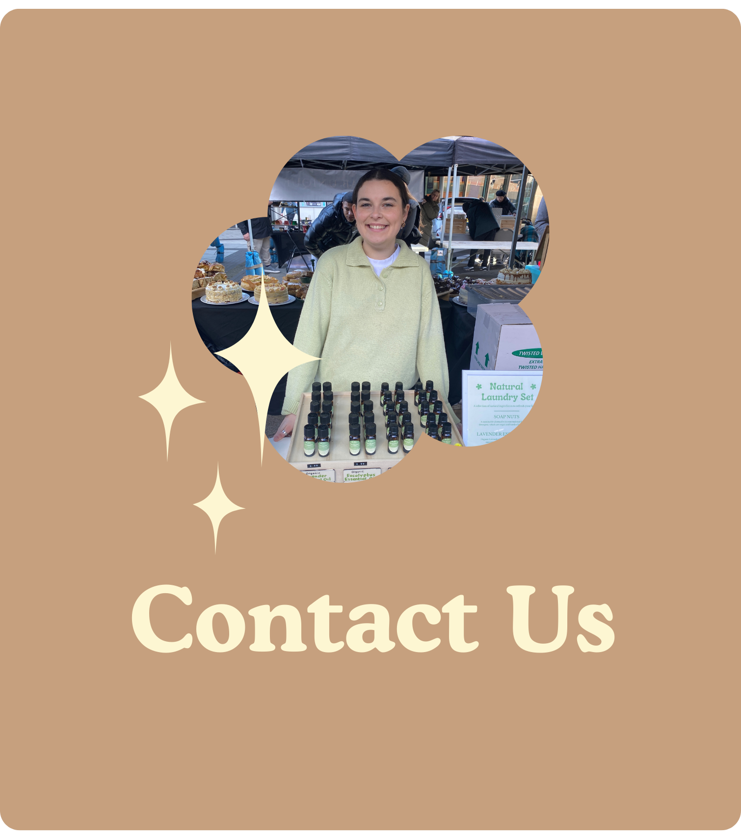 Image of girl at a market stall with the words 'contact us' written below