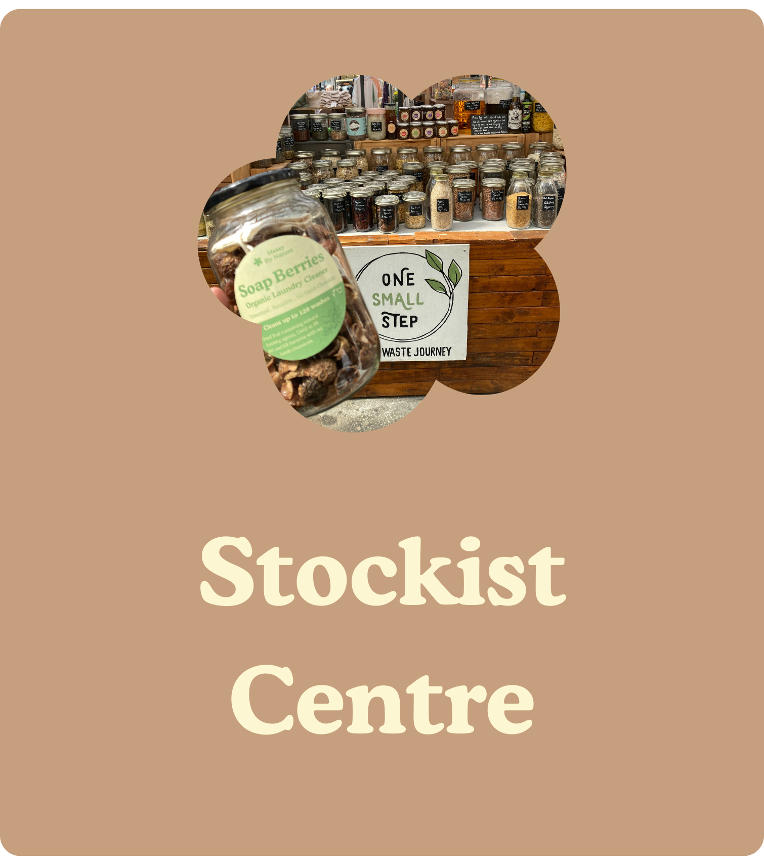 box with 'stockist centre' written on it and an image of a jar of soap berries in front of a market stall above the text